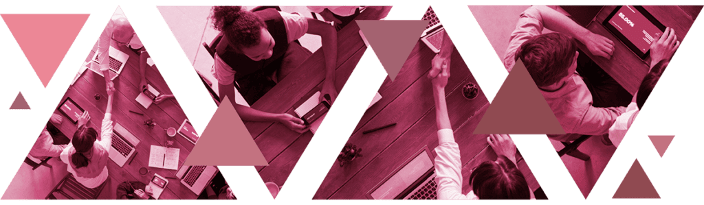 Image consists of a red triangular abstraction of office workers collaborating.