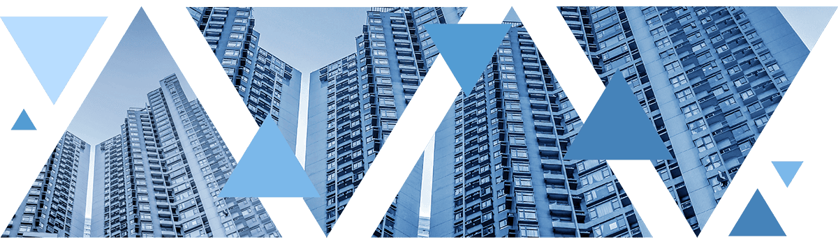Facility Management Banner Image consists of a blue triangular abstraction of a high rise building.